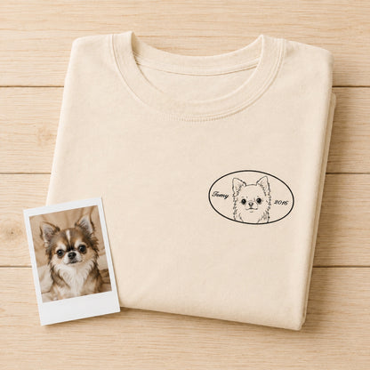 ペット刺繍　レトロ線画スタイル｜Tシャツ（顔・１匹のみ）