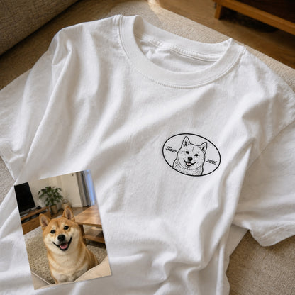 ペット刺繍　レトロ線画スタイル｜Tシャツ（顔・１匹のみ）