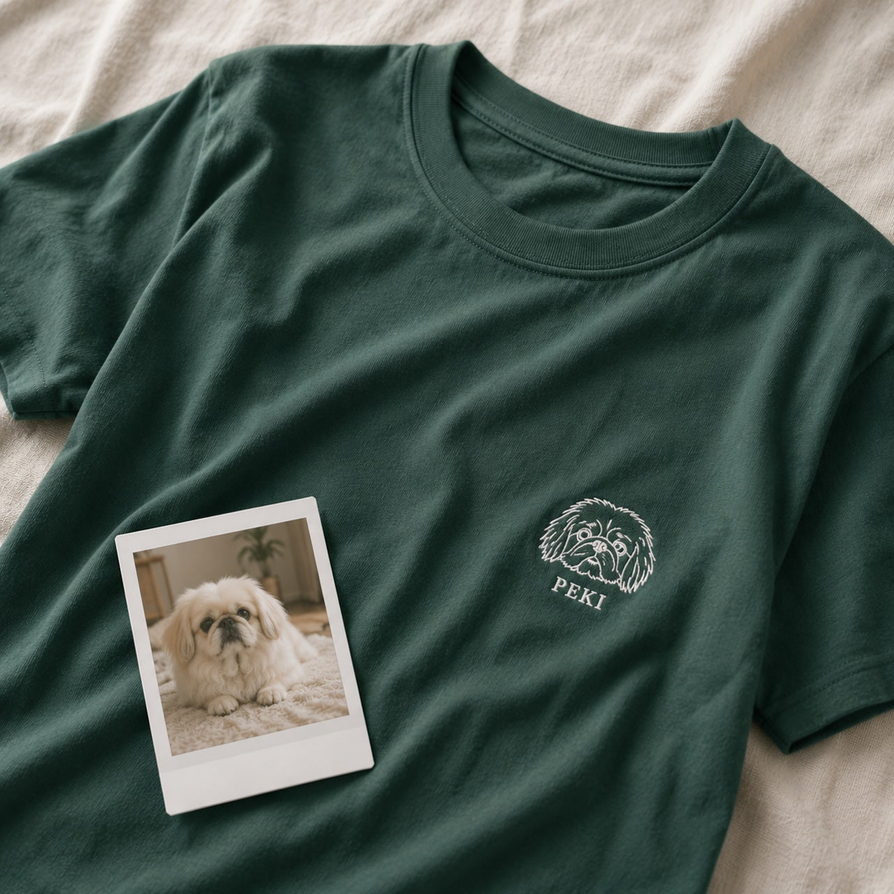 ペキニーズの線画刺繍Tシャツ（うちの子刺繍）