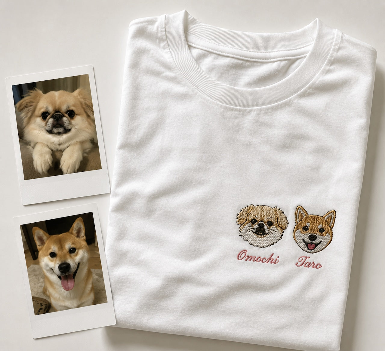 ペキニーズと柴犬の刺繍が胸元に入ったＴシャツの画像