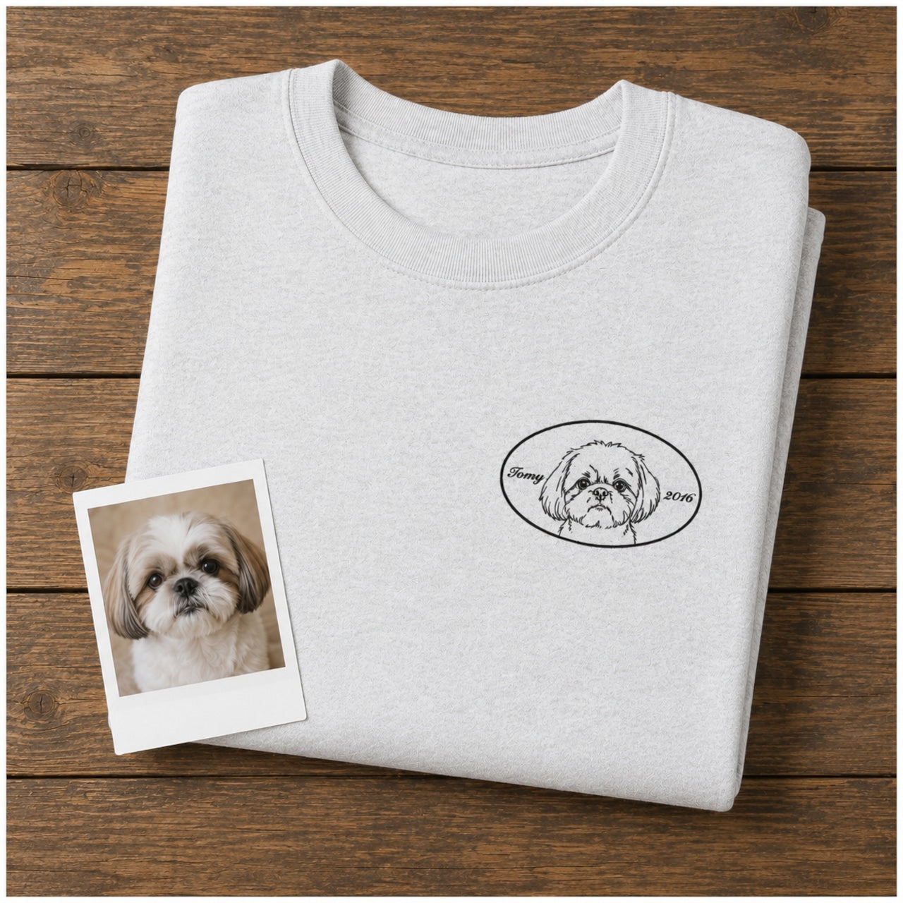 ペット刺繍　レトロ線画スタイル｜Tシャツ（顔・１匹のみ）