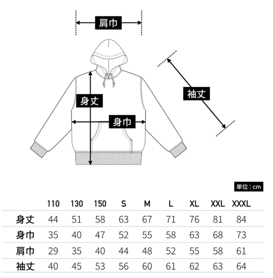 パーカーのサイズ表