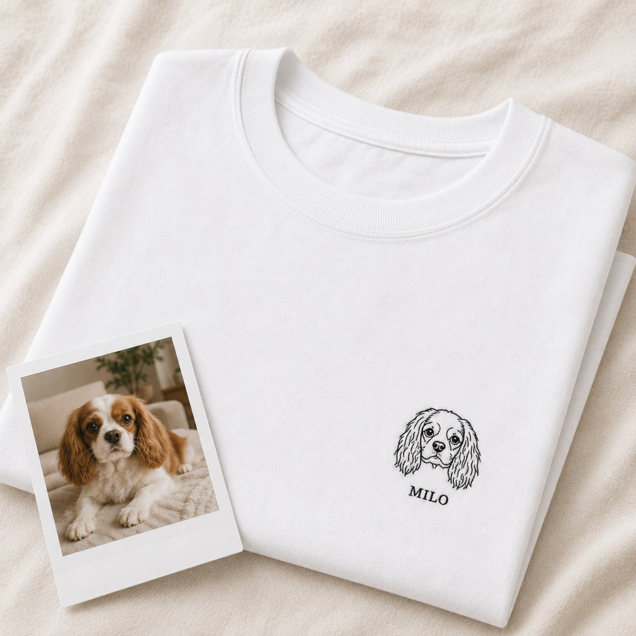 キャバリアの線画刺繍Tシャツ（ペット刺繍）