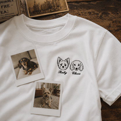 ヨークシャテリアとダックスフンドの顔が刺繍されたTシャツ