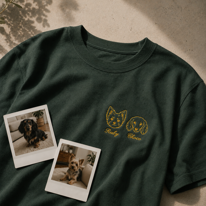 ペット刺繍　シンプル線画スタイル｜Tシャツ（顔・２匹ご希望の方）