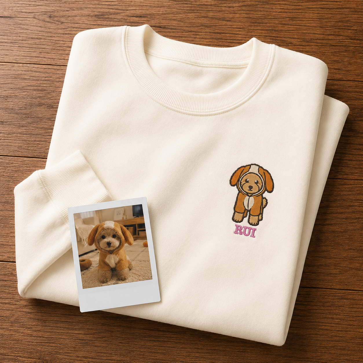 洋服を着たトイプードルの全身刺繍をトレーナーの胸元にしている写真（ペット・うちの子刺繍）