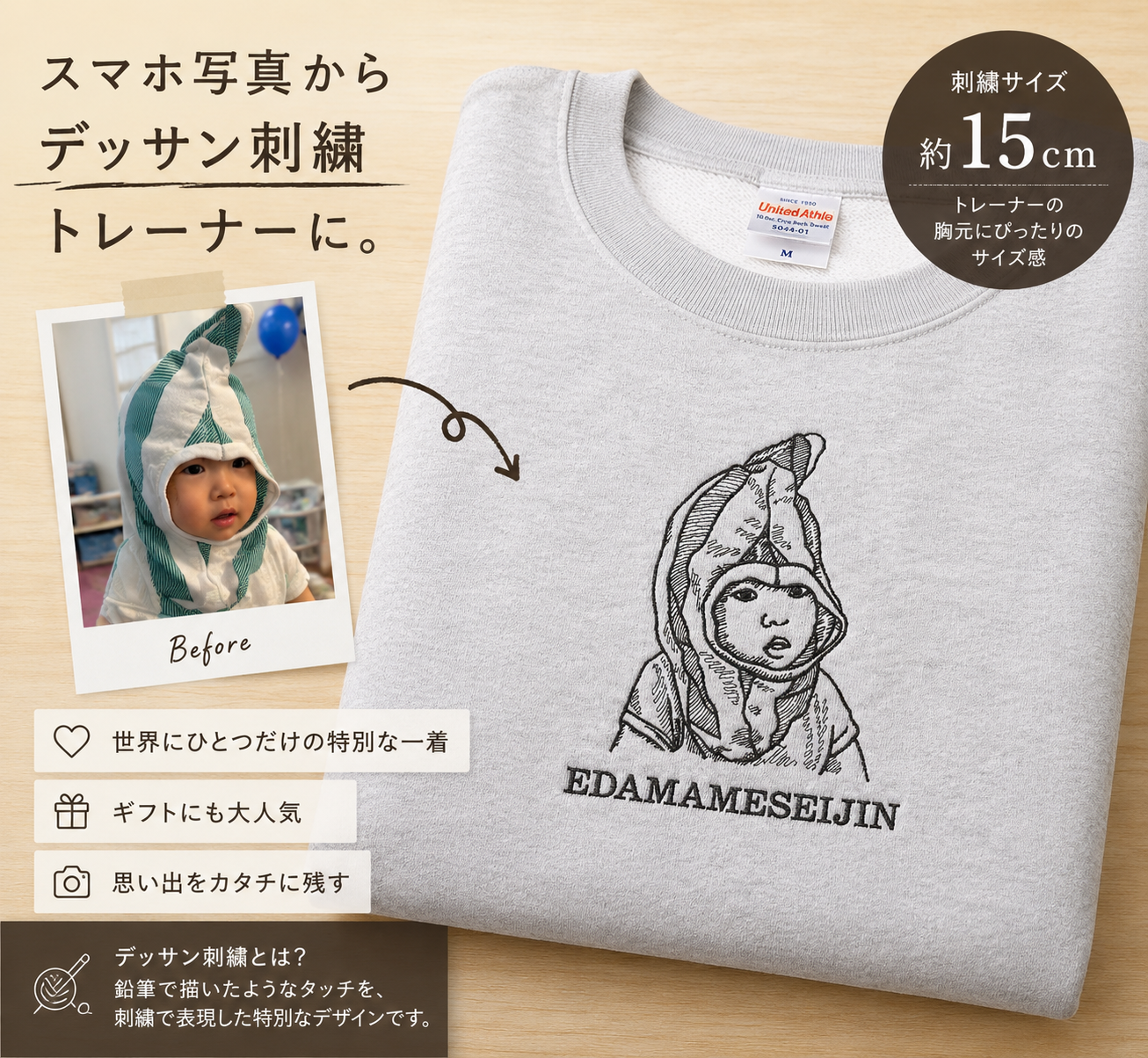 スマホ写真からつくるデッサン刺繍トレーナー