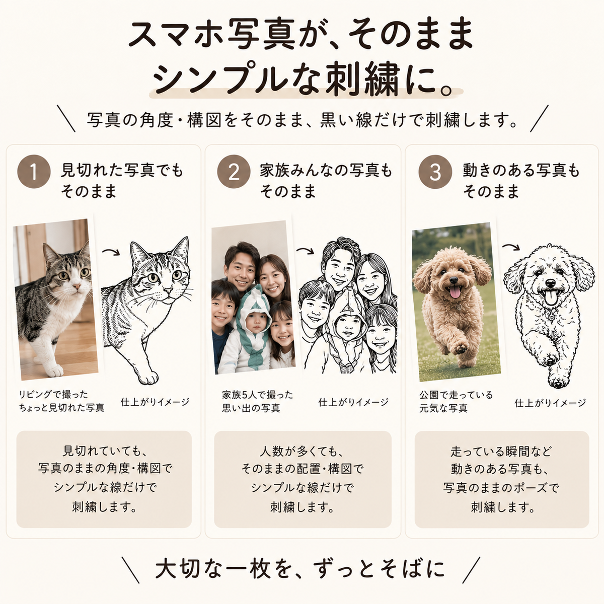 スマホ写真からつくる デッサン刺繍トレーナー｜人物・ペットOK