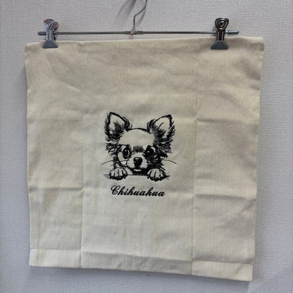 チワワ　鉛筆デッサン刺繍　クッションカバー