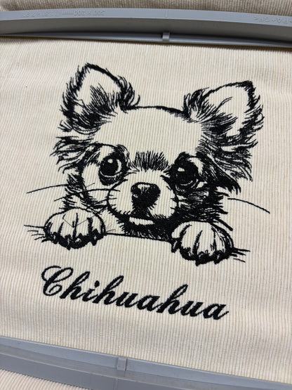 チワワ　鉛筆デッサン刺繍　クッションカバー