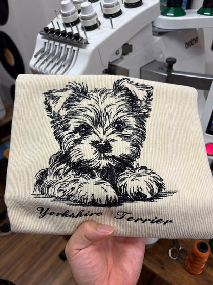 ヨークシャテリア　鉛筆デッサン刺繍　クッションカバー