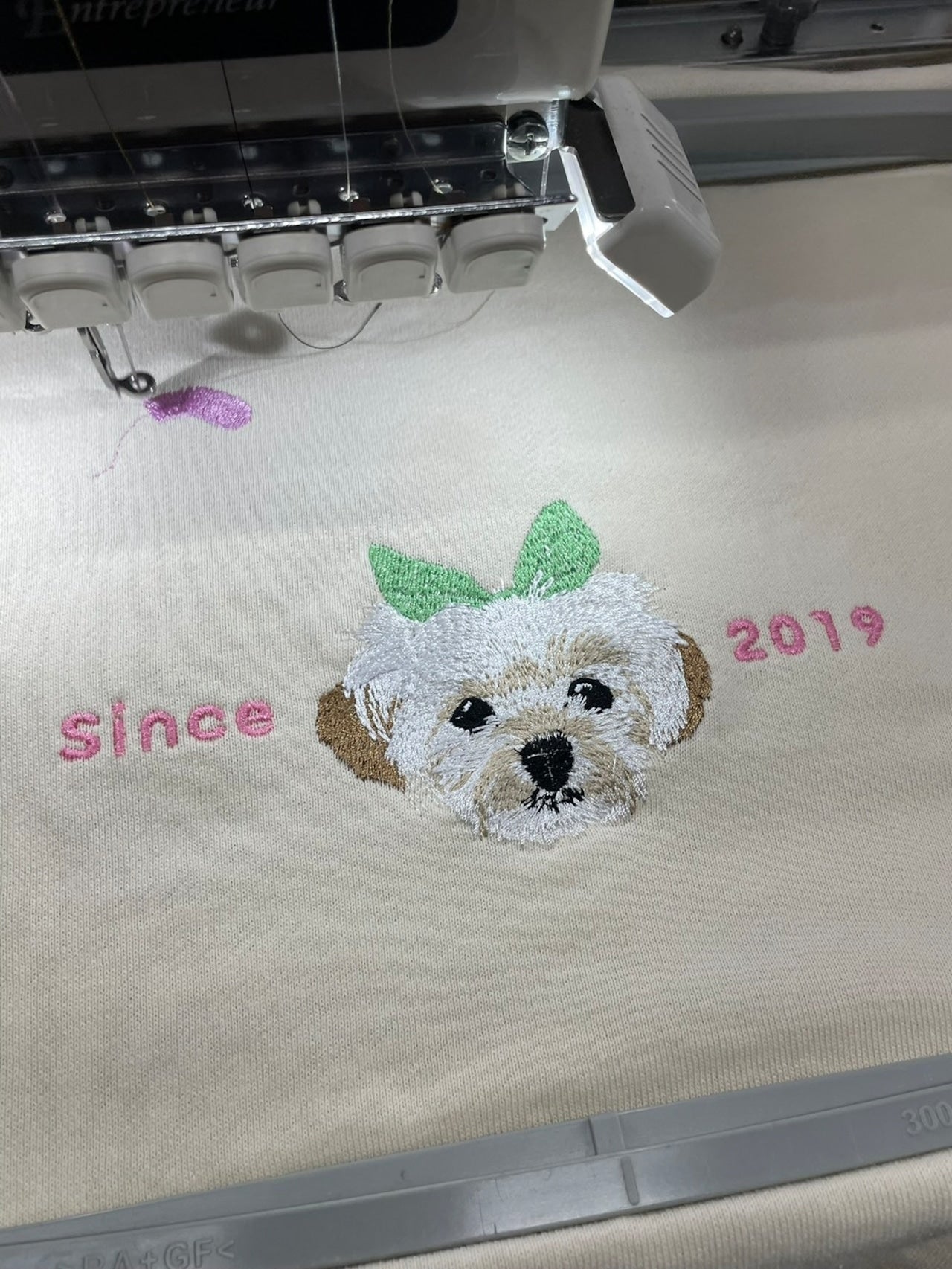 マルチーズの刺繡をしている様子