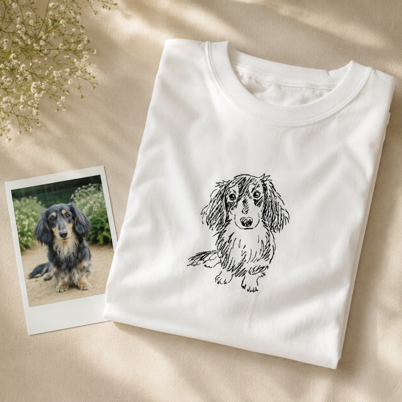 ミニチュアダックスフンドの手書きスタイルの刺繍Tシャツ（ペット刺繍・うちの子刺繍）