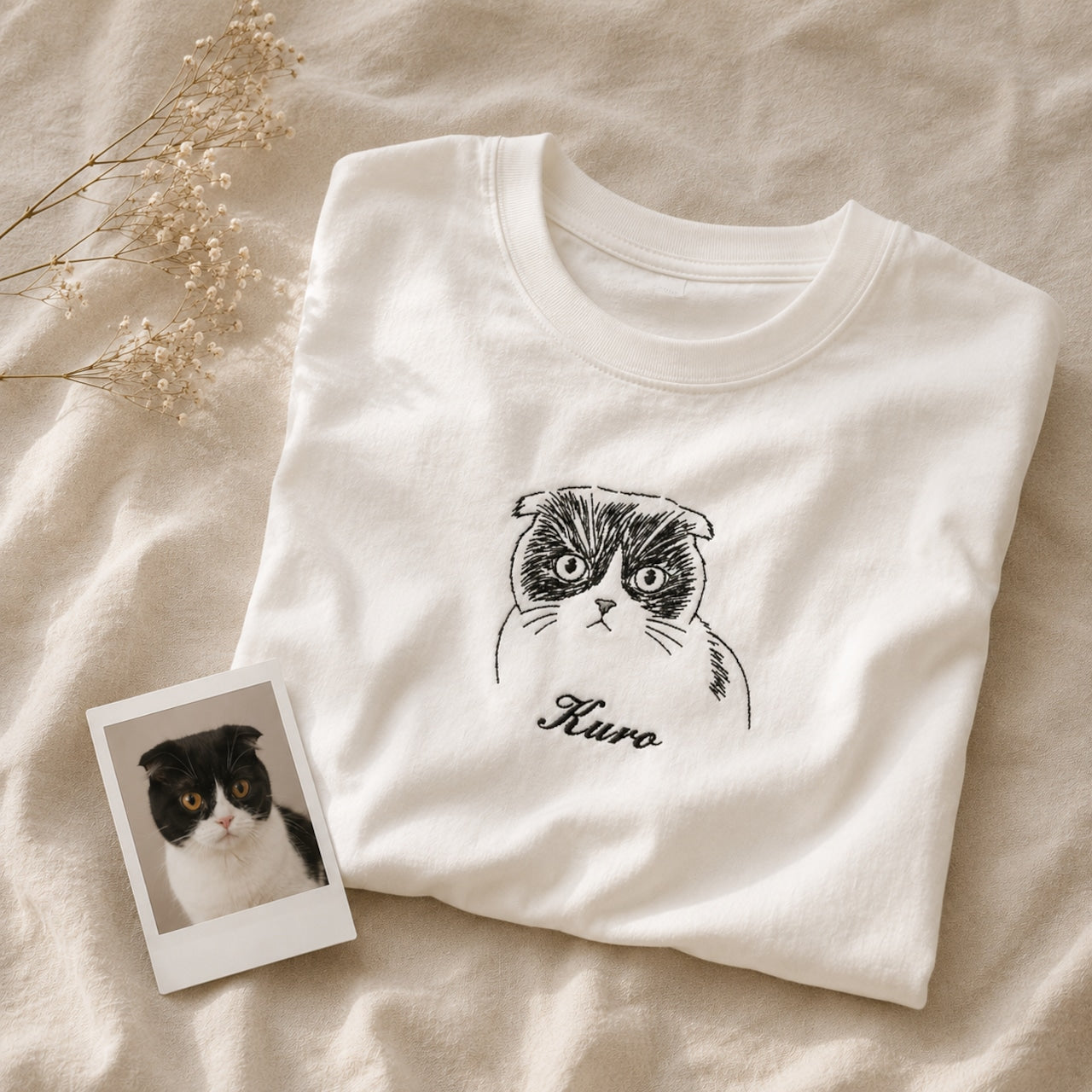 ハチワレ猫の手書きスタイルの刺繍Tシャツ（ペット刺繍・うちの子刺繍）