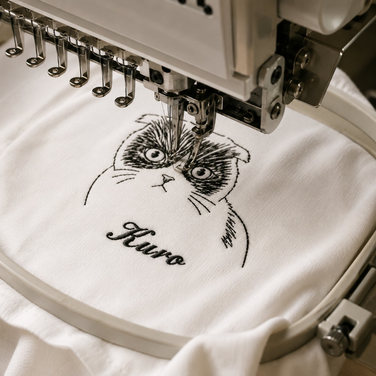 ハチワレ猫を刺繍している様子（ペット刺繍・うちの子刺繡）